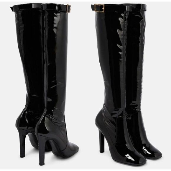 NEW SAINT LAURENT Black Glossy PVC & Patent Leather Knee High Boots Size EU38.5 - Picture 2 of 8